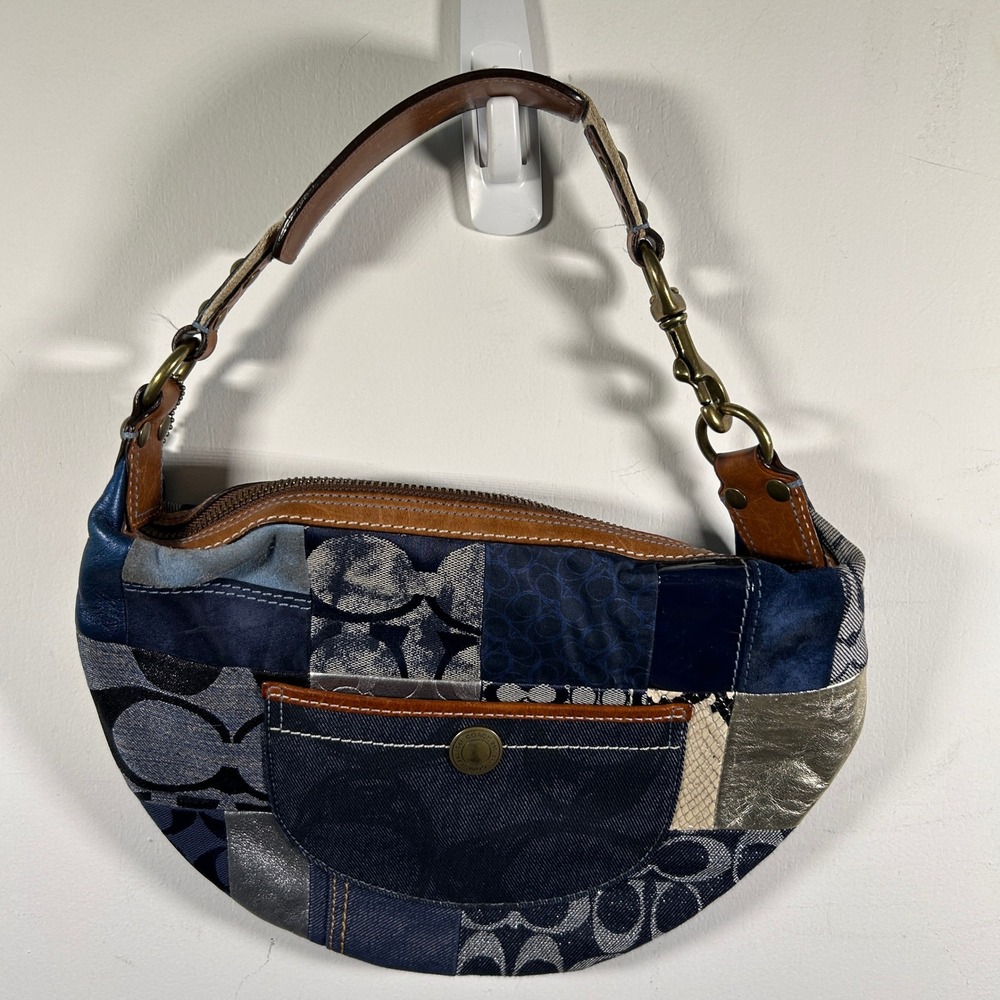 Coach Blue Denim Patchwork Hobo Shoulder Bag Mixed Media Leather Trim
